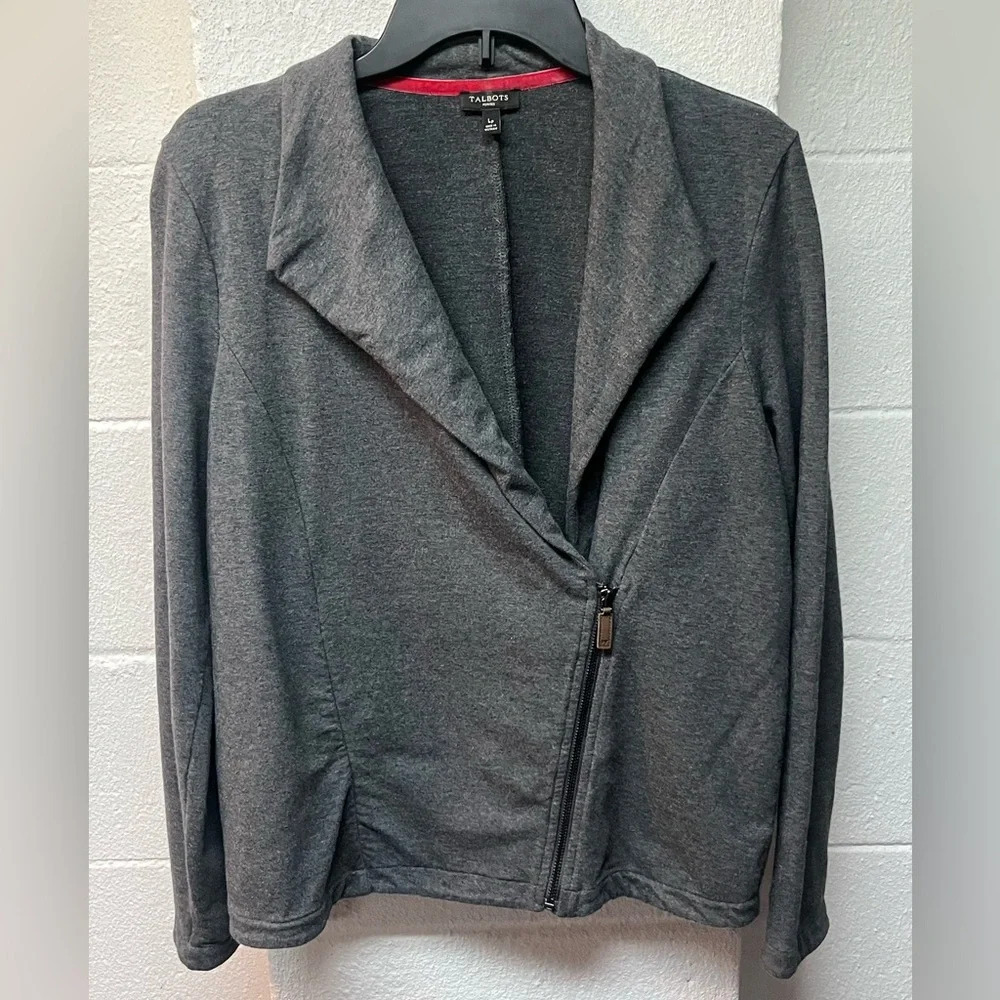 TALBOTS Gray Blazer/Jacket Zip Size L Stretch Cotton Blend